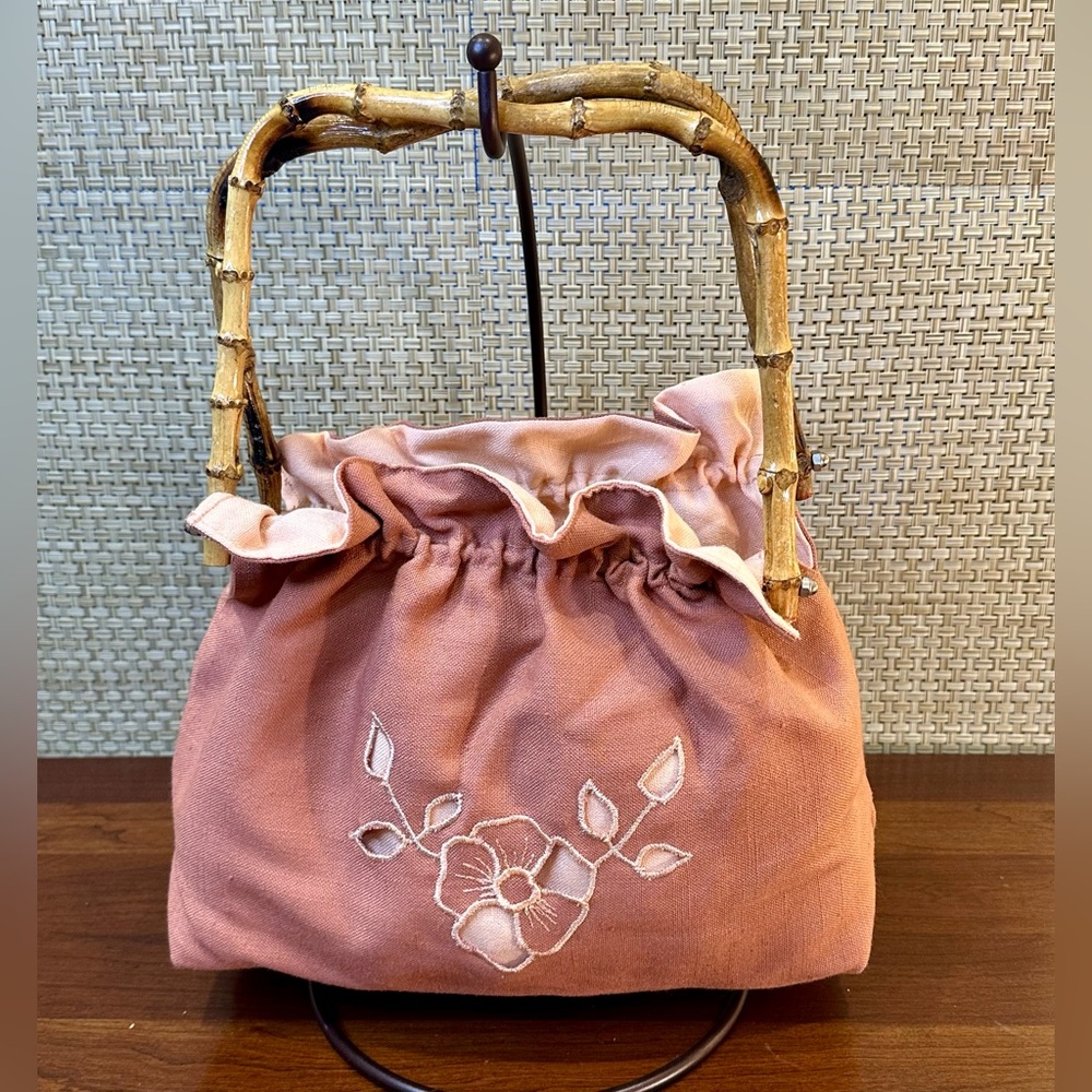 🌟4xHP🌟VTG 1980s Bamboo Handle Embroidered Pink/Peach Fabric Reversible Handbag